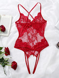 Crotchless Red Sexy Women's Underwear Lace Hollow Backless Bra Sets Teddy Erotic Costume Deep V Open Bra Bow Women Lingerie Set