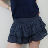 Shirred Mini Skirt A-Line Pointelle High Waist Layered Ruffle Skirt for Women 2024 Summer Solid Color Sweet Skirts