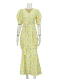 FDYOUI 2026 Summer V-neck Short Sleeve Floral Print Yellow Party Dress Women Single Breasted Lace-up Slim Long Vacation Dresses