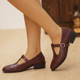Fashion T Strap Pointed Toe Oxford Shoes Women Ankle Buckle Low Heel Pu Leather Shoes Woman Plus Size 43 Thick Sole Office Shoes
