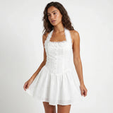 Women's Summer Solid Color Halter Neck Mini Dress Lace Trim Neckline Eyelet Embroidery Backless Tie-Back Slim Party Dresses