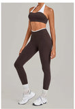 2 Pieces Color-block Yoga Sets Women  Hanging Neck Sports Bra High Waist Pants Built-in Pockets Outdoor Fitness Workout Suit
