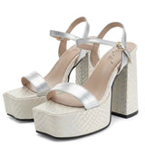 Silver Women Sandals Square Toe 12.5cm High Heel 4.5cm Platform Buckle Strap Large Size 43 44 45 46 Sexy Dating Shoes