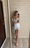 Lace up embriodery white summer dress women hollow out beach short dress puff sleeve ruffle ruched bodycon mini dress vestidos