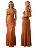 Summer Women's Satin Long Dress Spaghetti Strap Sleeveless V Neck Cutout Slim Fit Elegant Dress for Party Evening Solid Color