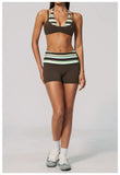 Breathable Striped Patchwork Yoga Clothing Women Fake Two-piece Sports Bra Folding High Waist Shorts Gym Running Fitness Suit
