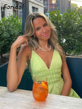 Foridol Elastic Smocking Green Cotton V Neck Summer Women's Dress Sleevless Long Green Maxi Casual Strapy Dress Solid Female