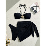 3PCS With Sarong Metal Star Halter Bikini Female Swimsuit Women Swimwear Three-Pieces Bikini Set Bather Bathing Suit Swim V7042