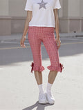 Women Flared Leggings Capri Pants Casual Fashion Plaid Print Cute Bow Crop Bell Bottoms Trendy Bootcut Trousers