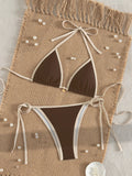 2026 Trendy String Bikini Set Triangle Top Side Tie Bottoms with Metallic Pendant  Solid Color Contrast Trim Women Swimwear