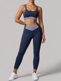 Summer Color-block Yoga Sets Women Thin Strap Open Back Shockproof Sports Bra Tight High Waist Leggings Training Fitness Suits