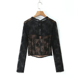 Pure Desire Sexy Sheer Crochet Lace Base Shirt Waist-Tightening Top T-Shirt For Woman Transparent Mesh Casual T-Shirt Charm ADSE