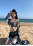 Korean Swimsuit 2025 Women Sexy Black Tie Dye Long Sleeve Cover Up  Long Skirt 4 Piece Bikini Set Bathing Suit Vacation Swimwear