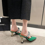 American pointed rhinestone high-heeled slippers women slim heels with toe caps, empty fashion sandals,