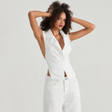 Women's Summer Halter Neck Tops Fashionable Solid Color Sleeveless Deep V Neck Open Back Slim Fit Vest for Party Daily Wear