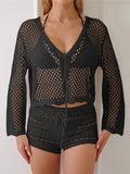 V Neck Long Sleeve Hollow Out Crochet Knitted Tunic Beach Dress Beach Wear Beachwear Beach Cover Up Cover-upsFemale Women V7192