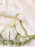 Green Sexy Lace One-Piece Sheer Embroidered Lingerie, Soft Steel Band Supportive Bra, French Pure Passion and Sweetness ZA825194