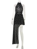 Ahagaga Fashion Maxi Dresses Women Sexy Halter Neck Hollow Out High Split Polka Dot Print Elegant Party Vacation Beach Vestidos