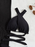 3 Pieces Plain Criss Cross Bikinis Swimsuit & Pants Swimwear Women 2026 Bathers Bathing Swimming Suit Female Summer Beachwear