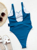 2026 Sexy One Piece Swimsuit Swimwear Women Blue Pleated V-neck Bathing Suit Beachwear Decorative Border Waistband Bikinis Mujer