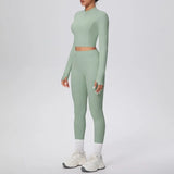 New Women Yoga Set Solid Color Double-Sided Brushed Bare Feel Short Long-Sleeve Jacket Tight Pants Running Fitness 2-Piece Set
