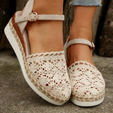 Hollow Fabric Roman Shoes Summer Travel Round Head Wedge Toe Fashion Sandals Comfortable Thick-sole Women's Shoes 2026