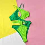 Sexy Splicing Cross Back Cut Out Women Swimwear One Piece Swimsuit Female Monokini High Leg Cut Bather Bathing Suit Swim V4919