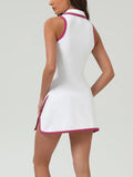 Summer Women's Tennis Dress White Contrast 2-in-1 Tennis Golf Sports Dresses Polo Collar Zipper Slim Split Fitness Dress
