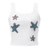 Women Rhinestone Starfish Decor Tank Tops Square Neck Sleeveless Slim Fit Ribbed Crop Vest Shirts Summer Out Going Streetwear