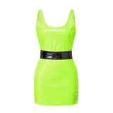 Women's Summer Solid Color PU Leather Slim Fit Dress Fashionable Sleeveless Round Neck Belted Tight Fitting Mini Dresses