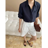 Turn-Down Collar Loose Short-Sleeve Shirt Women White Short Sleeve Shirt Chest Pocket V Neck Button Casual Summer Blouse H9EH
