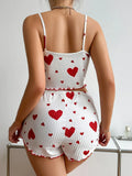 2 Pieces Pajamas Set Women Sleepwear Heart Print Crop Tops and Shorts Suit Homewear Underwear Pijama Sexy Lingerie Nighty