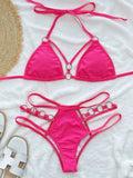 5 Colors Sexy Bikini Women Solid Hollow Swimwear Swimsuit Halter Bikinis Set Bathing Suit Beach Bikini Female Metal Ring Decor
