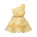 Women's Sexy One-Shoulder Waist-Cinching Dress Pure Desire Yellow Floral Print Ruffled Mini Dress Party Dress For Women NRR0