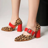 Spring  Autumn New Model Fashion High Heels Nude Shoes Color Blocking Pointed Tip Buckle Leopard Print Sexy Party Women's Shoes