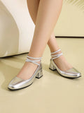 Metallic Silver Gold Women Mary Jane Pumps Square Toe Block Heel Crisscross Ankle Strap Back Zipper Elegant Party Dress Heels