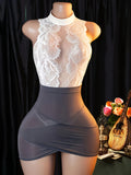 Women Lace Lingerie Set Floral Halter Bodysuit Bodycon Mini Dress Office Uniform Costume Nightwear Gift