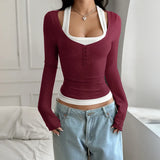 Women's Y2K Fake Two Piece Long Sleeve Cami Top, Fashion Slim Fit Sexy Streetwear T-Shirt