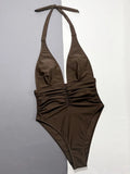V Neck Halter Wrinkled Women Swimwear One Piece Swimsuit Female High Cut Backless Monokini Bather Bathing Suit Swim Beachwear