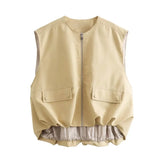 Foridol Padded Beige Waistcoat Folds Winter Sleeveless Vest Coat Turtleneck Pockets Zipper Autumn Thick Warm Parka Jacket