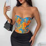 French Retro Jacquard Oil Sunflower Painting Vest Tank Top Women Off Shoulder Slim Fishbone Corset Back Criss Cross Club Tops