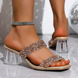 Shiny Sequins High Heels Sandals Women Plus Size 43 Square Toe Transparent Heel Slippers Woman Slip On Gold Crystal Party Shoes