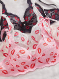 3PCS Sexy Lace Lip Print Women Lingerie Set Hollow Out Mesh Unlined Underwire Bra Bow & Rhinestone Sexy Bras