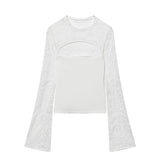 Women's Fashion Casual Lace Patchwork Hollow Bell Sleeve Blouse Women Pack Lace Sleeve Tops Black White Sheer Mesh Casual DOS5