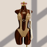 Sexy Blue Brozing Gradient One Piece Swimsuit Holiday Swimwear Women 2026 Metal Chain Hollow Out Backless Bandage Thong Bikini