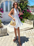 Foridol White Beach Summer Dress Women Backless Cotton Lace Short Autumn Sundress Women Clothing Halter A-line Pleated Dress