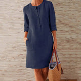 Summer Boho Vintage Dress Women Casual Long Sleeve Buttons Pockets Cotton Linen Loose Knee-length Dress