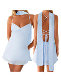 Women Fashion Floral Print/Solid Color Sleeveless Back Bandage Cami Dresses Summer Backless Mini Dress with Choker Scarf