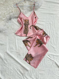 Women Sleepwear Summer Ice Silk Stain Comfortable 2pcs Pajamas Set V Neck Leopard Print Tops and Long Pants Loungewear