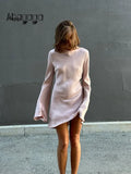 Ahagaga Fashion Women Dresses Solid Casual O-Neck Regular Long Full Sleeves Sheath Bodycon Basic Slim Fit Female Vestidos Robes